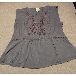 Knox Rose Women's XXL Blue Floral Embroidered Sleeveless Blouse With Peplum